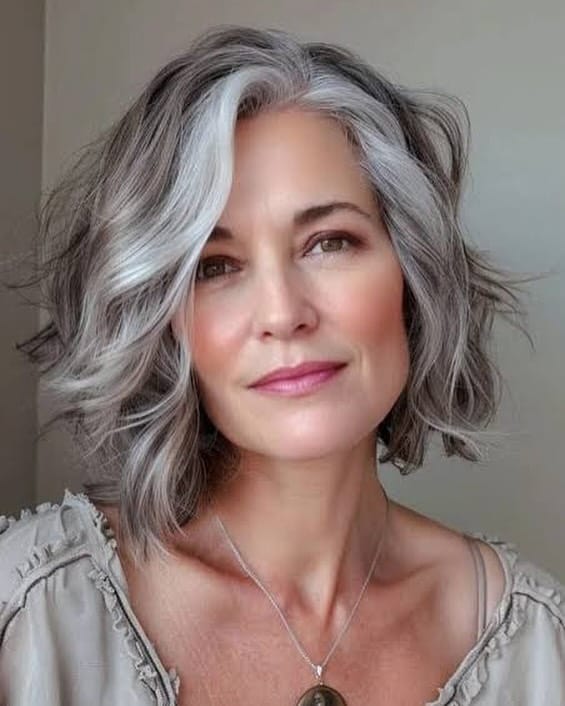 Chin length silver bob with soft waves and layered texture.