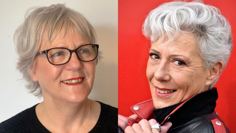 25+ Gorgeous Very Short Hairstyles For Women Over 50 To Inspire You A side-by-side comparison features two short hairstyles for women over 50, including a textured silver pixie cut with a soft side-swept fringe on the left and a sophisticated blonde-highlighted bob with layered volume and glasses on the right.