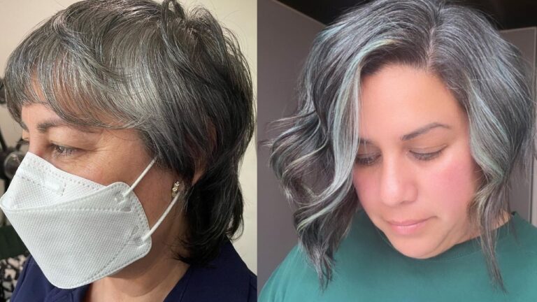 Two women present modern hairstyles for women over 50, featuring a layered salt-and-pepper cut with side-swept bangs on the left and a textured grey bob with soft, wavy highlights on the right.
