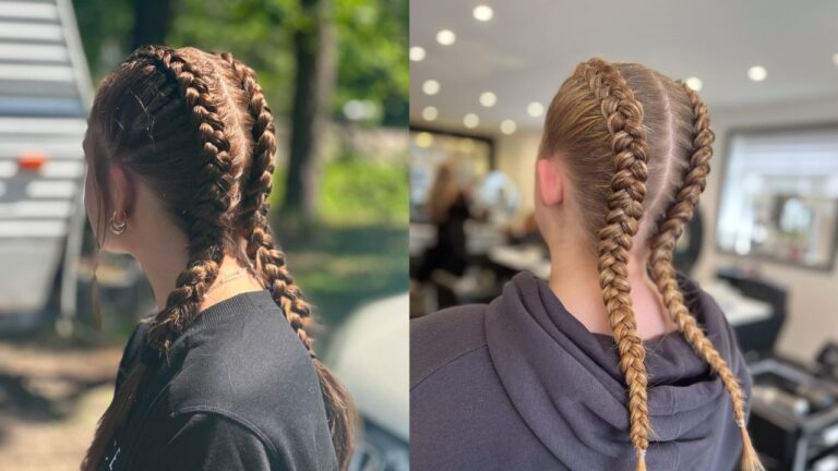 Two women wearing neat double Dutch braids with long braided sections and sleek center parts on brunette and blonde hair.