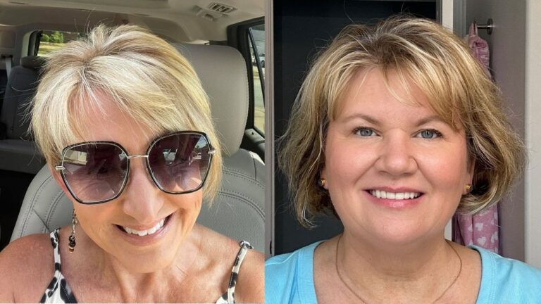 26+ Chic Hairstyles for Women Over 50 With Bangs to Inspire You The first image displays two elegant gray hairstyles including a layered silver lob and a precise salt-and-pepper bowl cut, the second image features two short textured styles for mature women with wispy bangs and voluminous silver curls, and the third image showcases two chic blonde bobs with face-framing fringes and soft, sun-kissed layers.