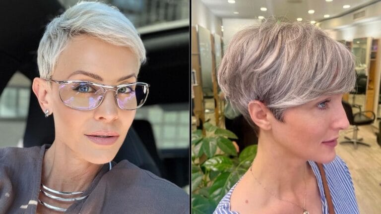 26+ Edgy Hairstyles For Women Over 50 Short silver pixie haircut with soft textured layers and a tapered back, styled neatly with light volume around the crown.