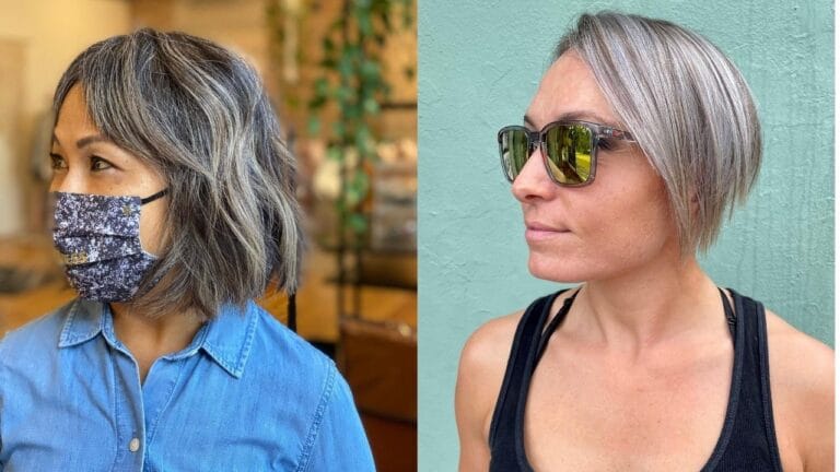 Two women with gray bob hairstyles, one with a soft wavy layered bob and the other with a sleek short angled bob with a side part.
