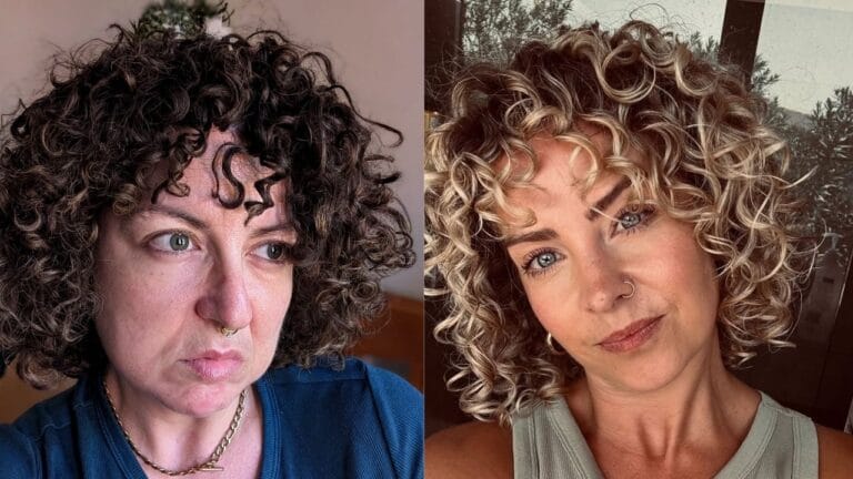 25+ Easy Short Curly Hairstyles For Women Over 50 Two women with short curly hairstyles, one with dark tight curls and the other with blonde highlighted curls in a voluminous layered shape.