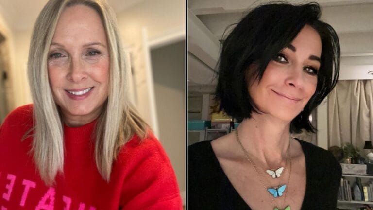 A woman with straight shoulder length blonde hair and a woman with a short textured black bob hairstyle styled with soft layers.