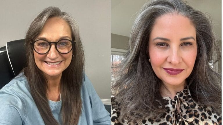 Two women over 50 with round faces wearing long layered hairstyles with soft volume and natural gray blending.