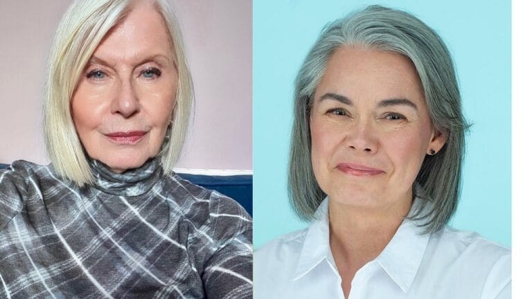 25+ Flattering Hairstyles for Women Over 50 With Square Faces Two women with sleek chin length bobs, one platinum blonde and one silver gray, both styled straight with a soft side part that frames the face.