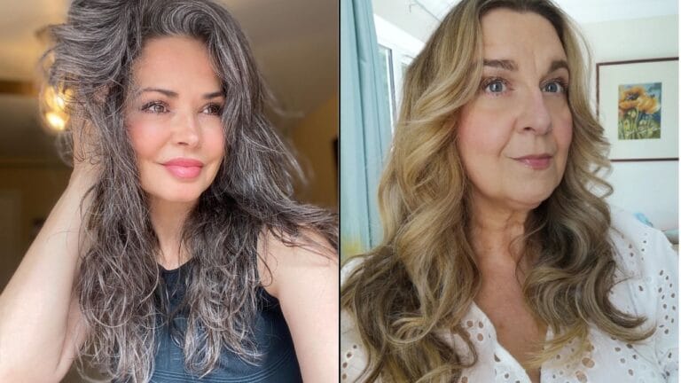 Two women with thick long hair styled in voluminous waves, one with natural gray tones and one with soft blonde layers.
