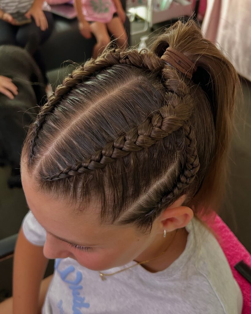 Dark brown Dutch braids styled into a high ponytail with sleek parted sections.