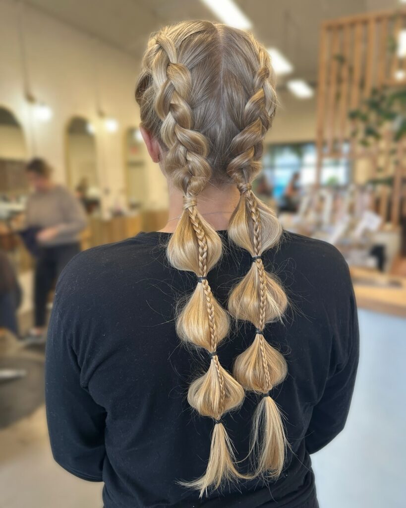 Blonde Dutch braids styled into long bubble ponytails with tiny accent braids.