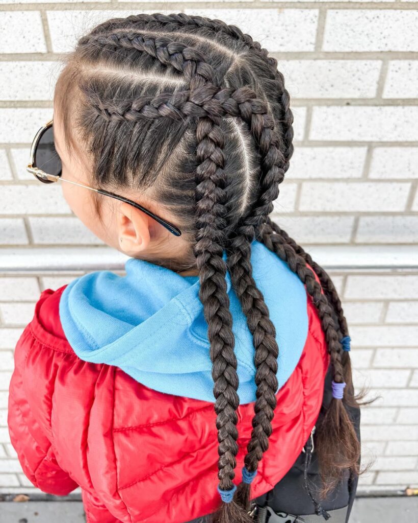 Dark brunette Dutch braids with criss cross braid details and multiple braided sections.