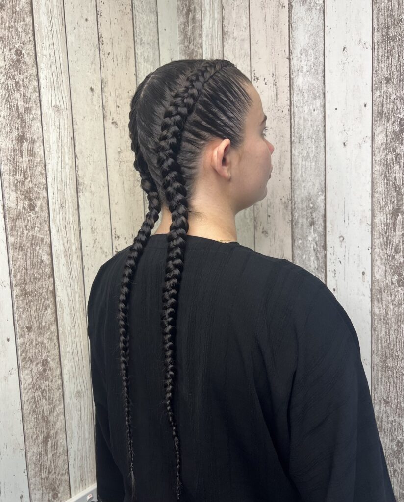 Long sleek Dutch braids on glossy jet black hair with clean center sections.