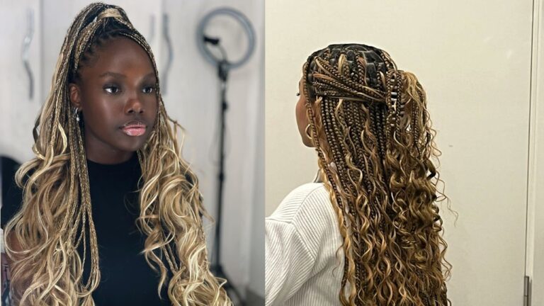 18+ Beautiful Blonde Boho Braids Hairstyles That Turn Heads Blonde boho braids styled half up with a high ponytail and long loose curly ends flowing down the back.