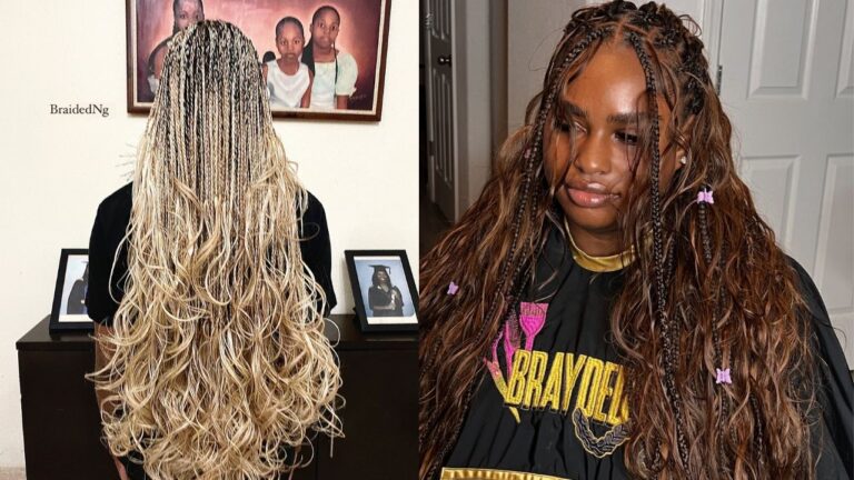 18+ Beautiful Island Braids Hairstyles for a Beachy Aesthetic Long island braids with a mix of blonde tones and loose waves alongside brown braids with soft curls and small face framing braids.