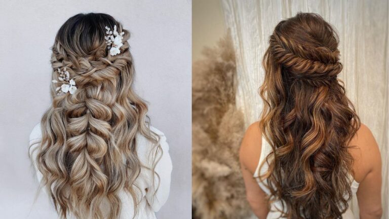 18+ Chic Half Up Half Down Braided Hairstyles You’ll Love Two women with long wavy hair styled in elegant half up braided hairstyles with soft curls and romantic textured braid details.