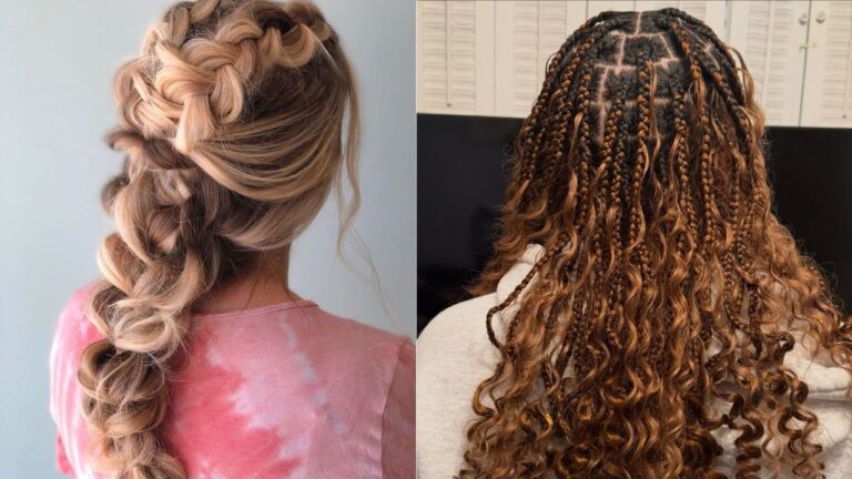 Side by side view of a voluminous pull through braid and curly boho braids with defined parts and loose textured ends.