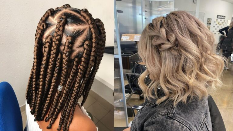 Split image showing chunky brown box braids with detailed parting on one side and a short wavy blonde bob with a side braid on the other.