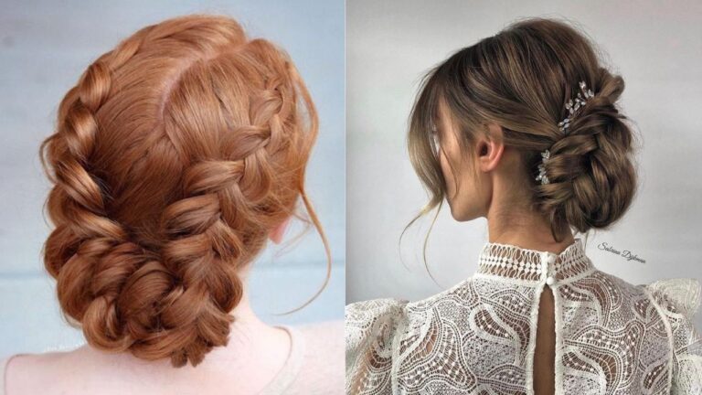 Two elegant braided updo hairstyles featuring soft woven braids, low buns, and loose face framing strands on red and brunette hair.