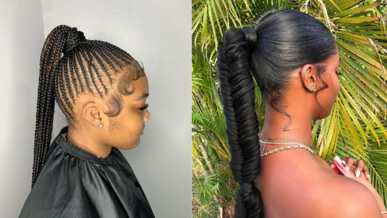 Two sleek braided ponytail hairstyles featuring long braided lengths, laid baby hairs, and high polished ponytails.