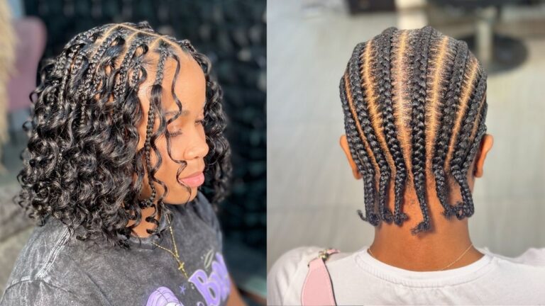 This side-by-side comparison displays two intricate braided hairstyles: on the left, a shoulder-length style featuring small braids that transition into soft curls, and on the right, a back view of neat, straight-back cornrows ending at the nape of the neck.
