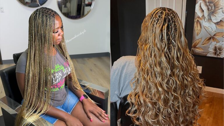 Long blonde micro braids with dark roots that transition into loose curly ends for added volume and texture.
