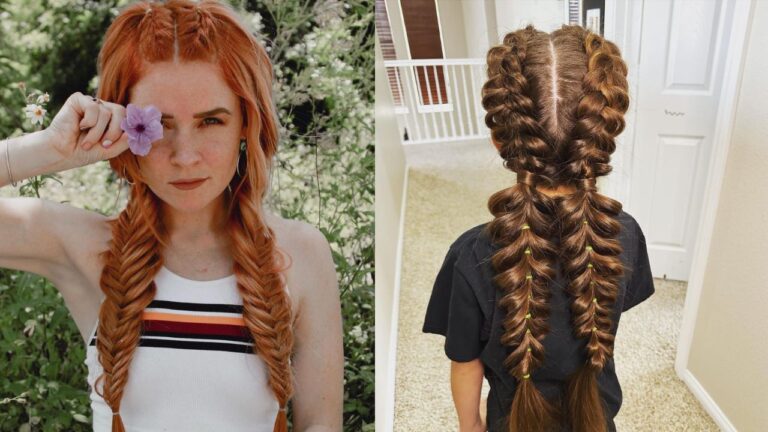 18+ Trendy Braided Pigtails Hairstyles for a Fun Look A collage showing two braided pigtail hairstyles with chunky fishtail and bubble braid details on long red and brunette hair.