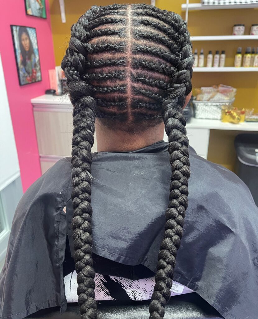 A view from behind showing two large black Dutch braids with smaller horizontal feed-in braids meeting at a center part.