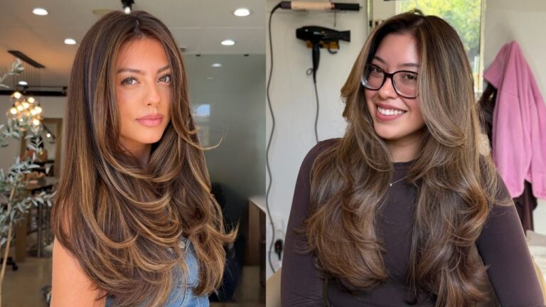 25+ Bright Summer Highlights for Blondes Who Love Sun-Kissed Style A side-by-side view of two women showcasing long, voluminous brunette hair styled with blowout layers and subtle sun-kissed golden highlights throughout.