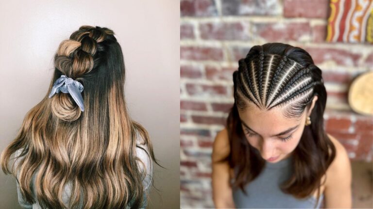 Side by side view of a loose half up braid with a scrunchie and a sleek front cornrow braid style with straight flowing hair.