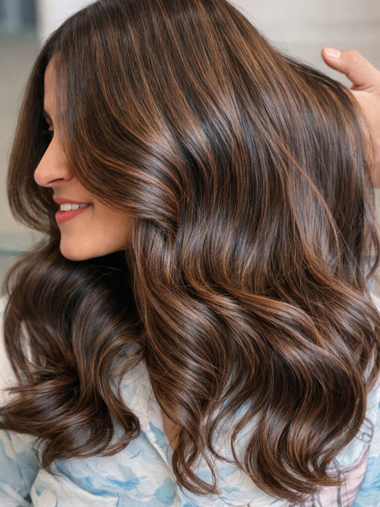 Medium to long brunette hair with defined waves and rich chocolate highlights.