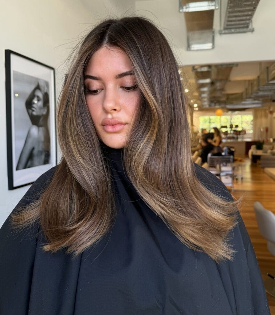 Straight brunette hair with soft honey highlights concentrated at the ends.