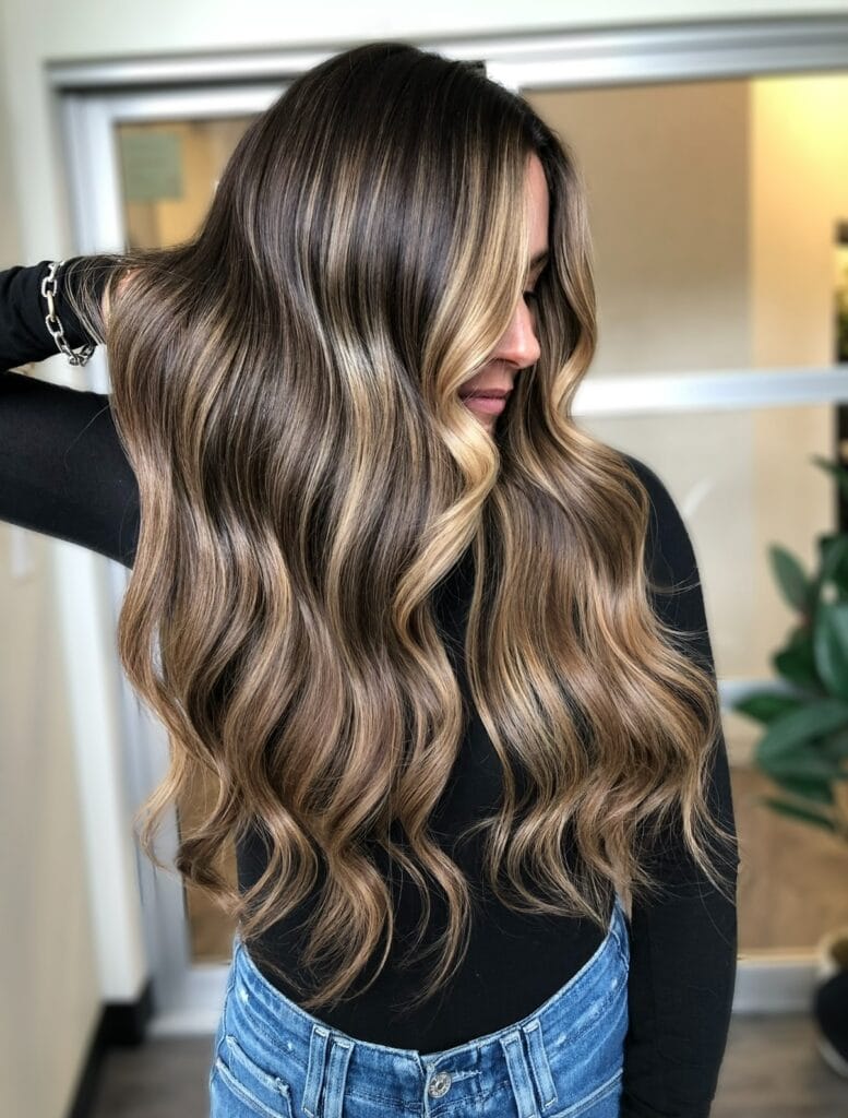 Long wavy brunette hair with beige toned highlights and dimensional color.