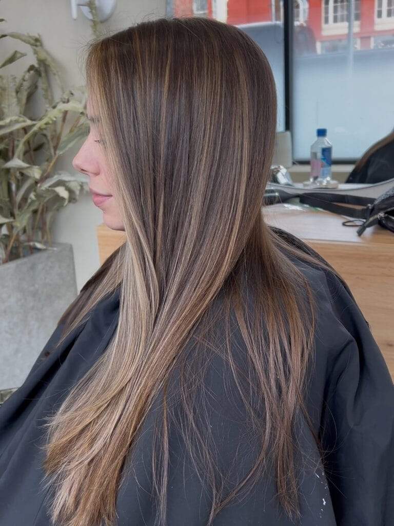 Long straight brunette hair with fine blended highlights and an espresso tone.