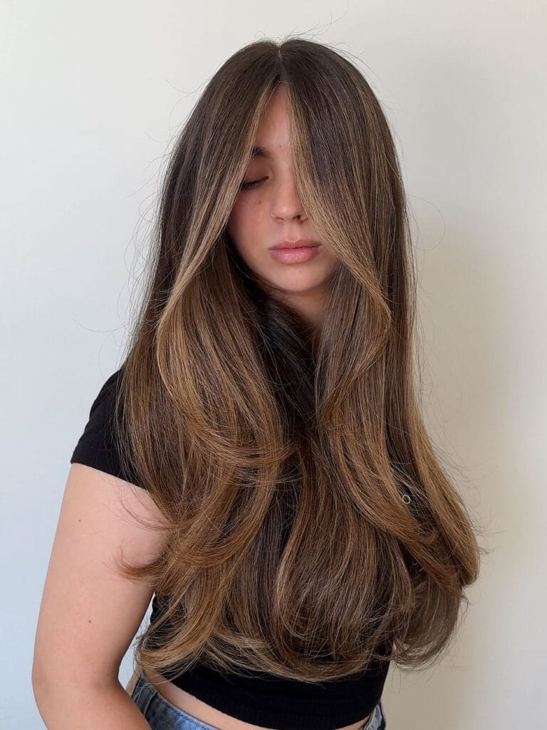 Long layered brunette hair with feathered ends and soft caramel highlights.