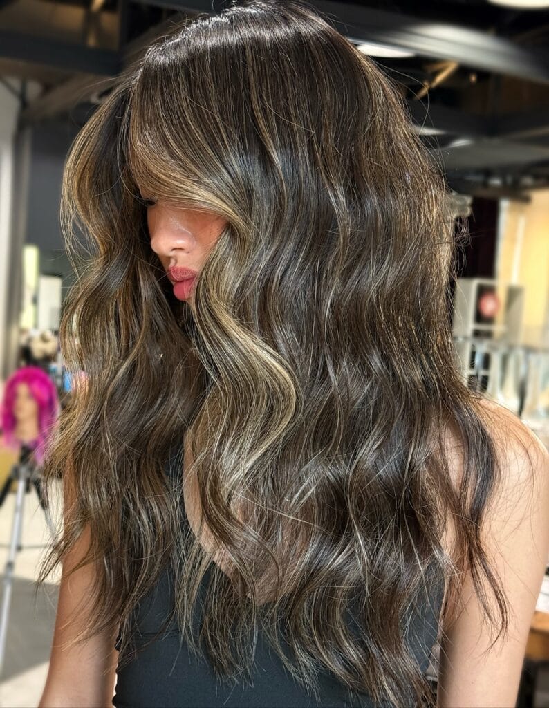 Long wavy brunette hair with cool ash brown highlights and textured waves.