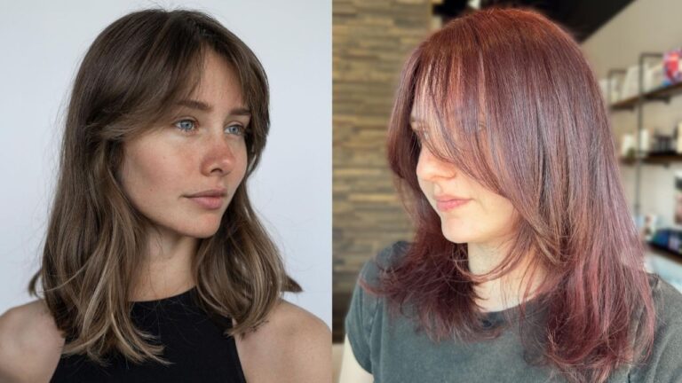 A split screen image showing two women showcasing a medium-length layered haircut with face-framing curtain bangs, featuring a natural light brown shade on the left and a vibrant reddish-auburn tint on the right.