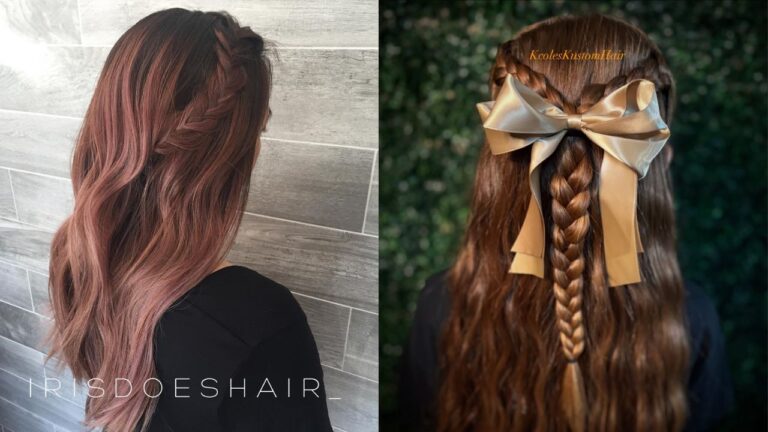 25+ Quick and Easy Braided Hairstyles for Any Occasion Two braided half up hairstyles featuring long wavy brunette hair, including a loose side braid and a ribbon tied center braid with a satin bow.
