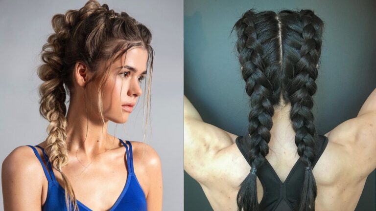 25+ Stunning Braided Sporty Hairstyle Ideas For Every Workout ALT TEXT: Two sporty braided hairstyles featuring a loose textured side braid with volume and sleek double boxer braids on dark hair.