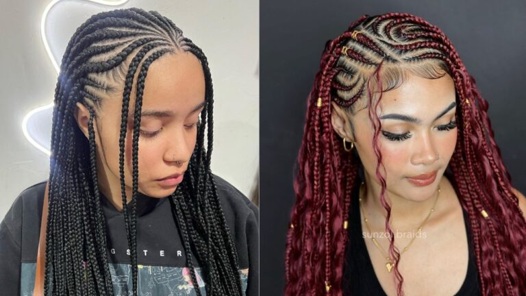 Side by side Fulani braids featuring sleek black braids with neat cornrows and bold burgundy braids with intricate swirl patterns and loose curls.