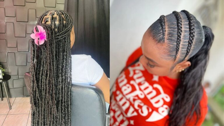25+ Stunning Natural Braided Hairstyles A collage showing two natural braided hairstyles featuring long faux locs with a pink flower clip and a sleek braided ponytail with clean center braids.