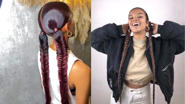 25+ Trendy Two Braided Ponytails Hairstyle Ideas To Elevate Your Look Two women showing sleek long two braided ponytail hairstyles with center parts, including a burgundy fishtail braid look and a casual double braid style.