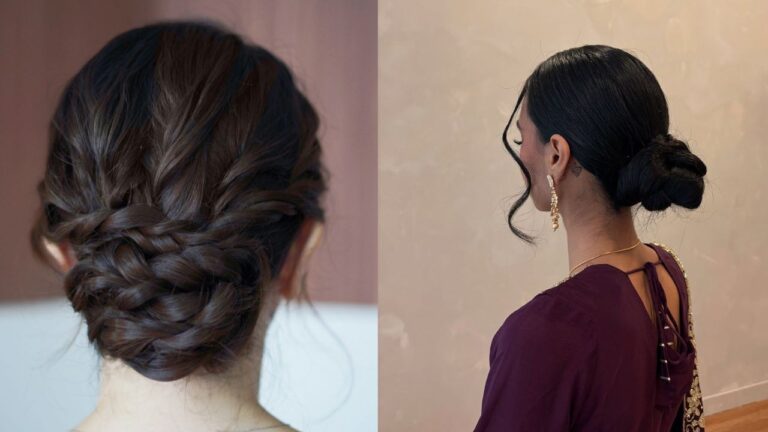 Two women wearing elegant low braided bun hairstyles with sleek dark hair and soft face framing strands.