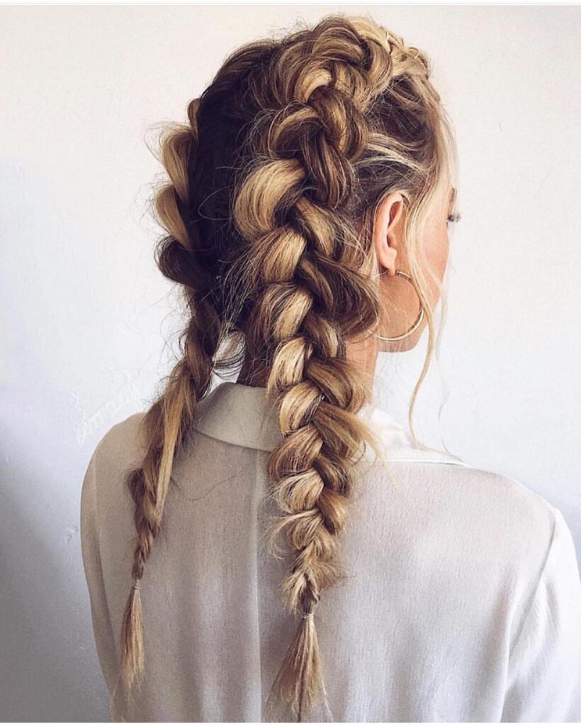 A woman from behind with blonde and brown hair styled into two large, loose Dutch braids with wispy strands framing her face.