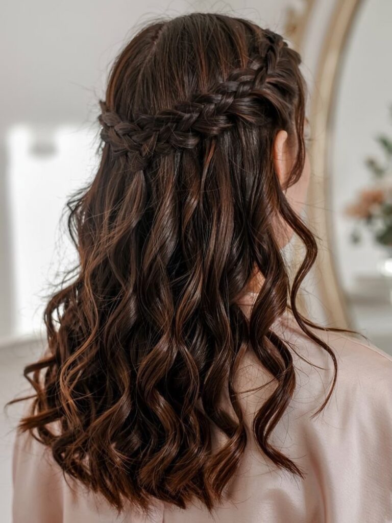 A woman with long, dark brown curly hair styled in a half-up braided crown.