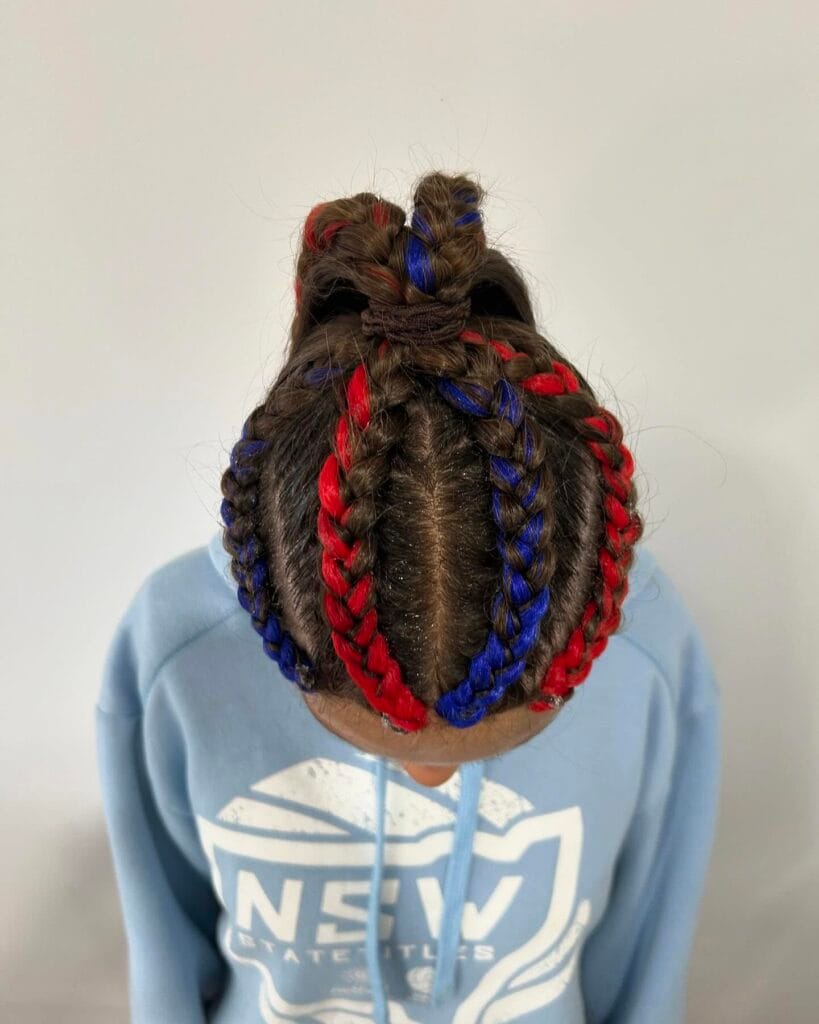 Multiple braids with red and blue colored strands woven through the hair.