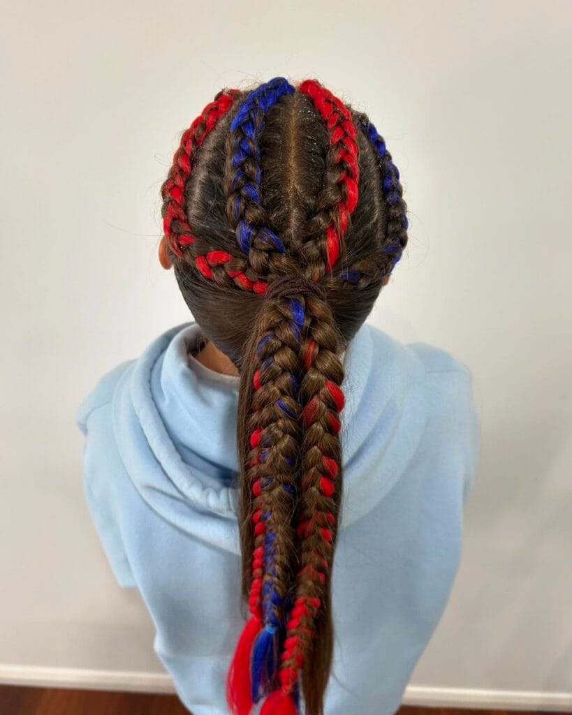 Cornrow braids leading into a long braided ponytail with red and blue extensions.