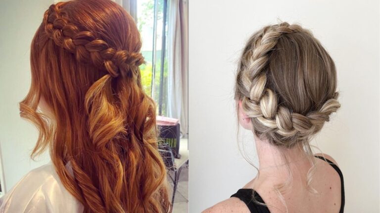 27+ Beautiful Braided Crown Hairstyles Side by side braided crown hairstyles featuring a red half up braid with loose curls and a blonde braided low bun updo.