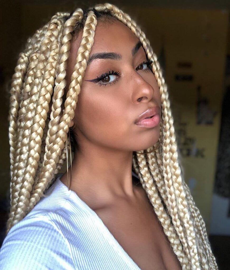 Thick platinum blonde box braids styled straight and evenly around the head.