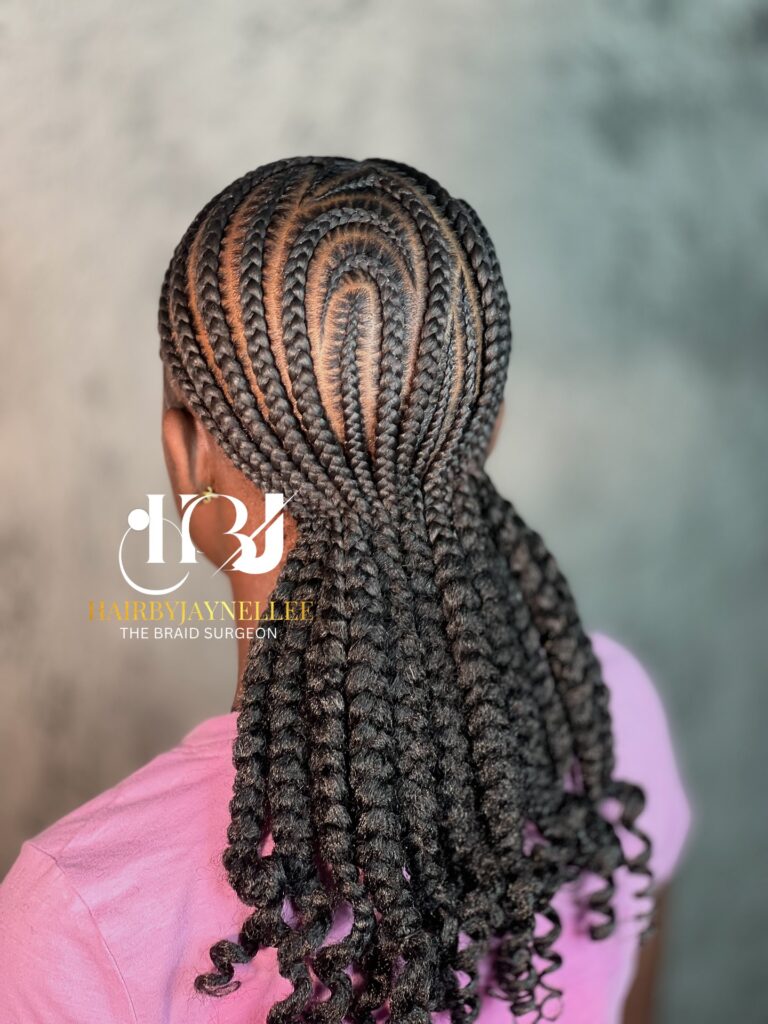 Stitch braided island style with detailed scalp pattern and curly braid ends.