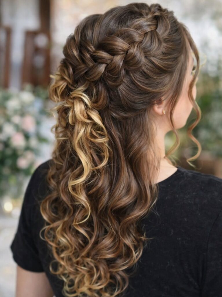 Long brunette hair with blonde highlights styled in a braided half up hairstyle with loose curls.